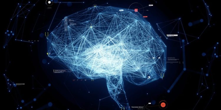 Digital generated image of plexus style glowing net data brain on black background.