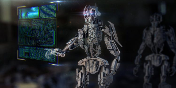 A robot using a holographic computer, a representation of AI