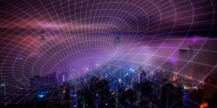 City with networking waves above