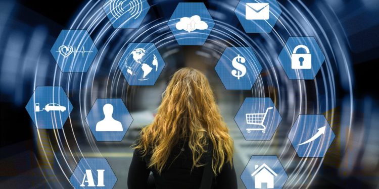 A person with a web of logos surrounding them, representing different cloud functions like email, e-commerce, AI, health, etc.