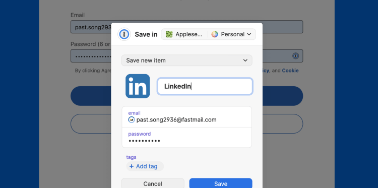 1Password: Saved logins including Fastmail alias
