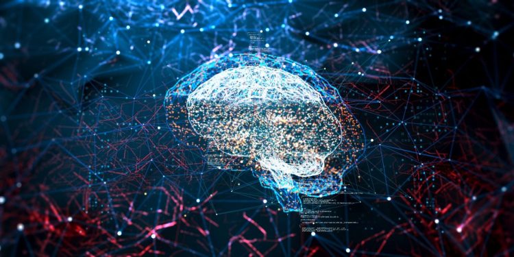 Graphic with brain shape in the center with geometric lines and lights to symbolize AI