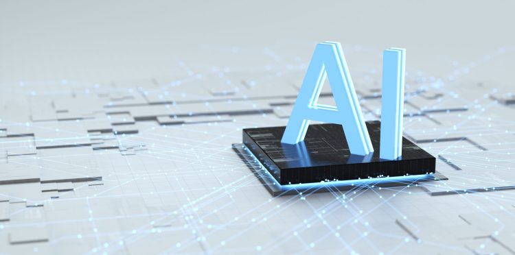 Graphic with AI in 3D on top of what looks like a circuit board