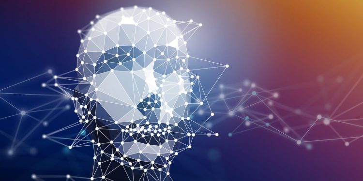 Geometric Polygon Artificial intelligence Human Face with Network Graphic Technology Background.