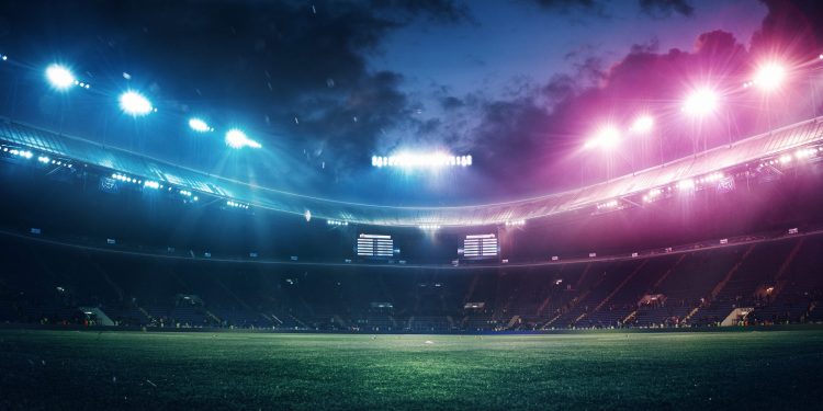 Full stadium and neoned colorful flashlights background. Flyer with copyspace in modern colors. Concept of sport, competition, winning, action and motion. Empty area for championships, your ad, design.