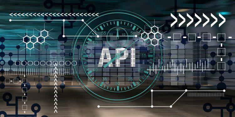 Graphic of the text API with a clock and other images to represent the mechanisms behind a software interface