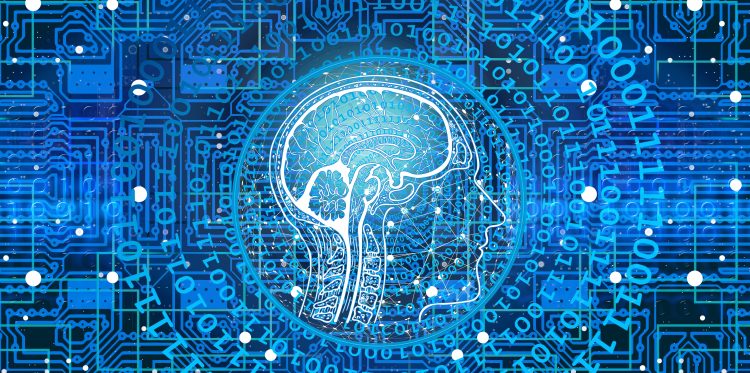 AI concept. In blue lines, an outline of a head and brain with circuits and binary surrounding the head.