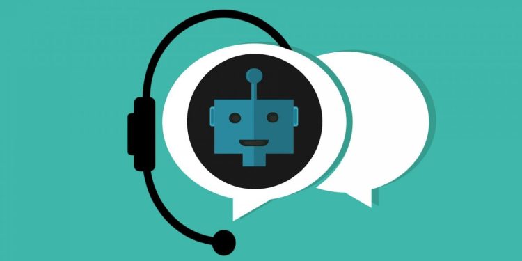 Graphic of a robot in a chat bubble wearing a headset.