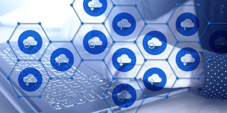 Graphic of a laptop keyboard in the background. Icons in the foreground representing cloud uploads, downloads, and loading.