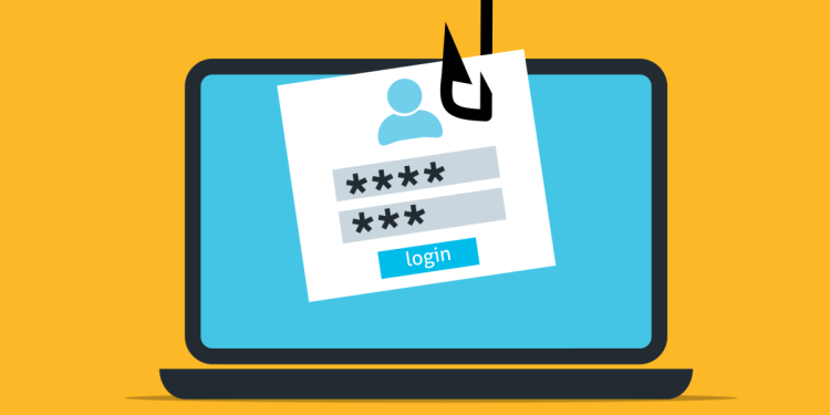 Graphic of a fishing hook pulling a login page out of a laptop to represent phishing stealing data