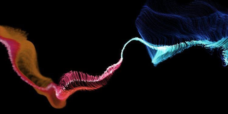 Abstract image of two colored blobs interacting