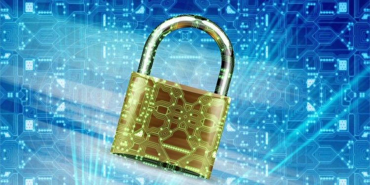 Graphic of a gold lock in front of data.