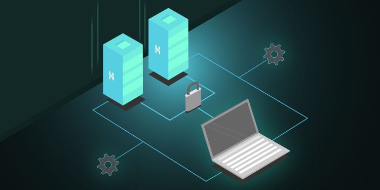 Graphic of a laptop computer with lines to a lock, server, and gear icons. Represents a computer accessing a server or database