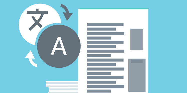 graphic of two language icons with arrows pointing at each other and apaper with blocked out text, represents a web translation service