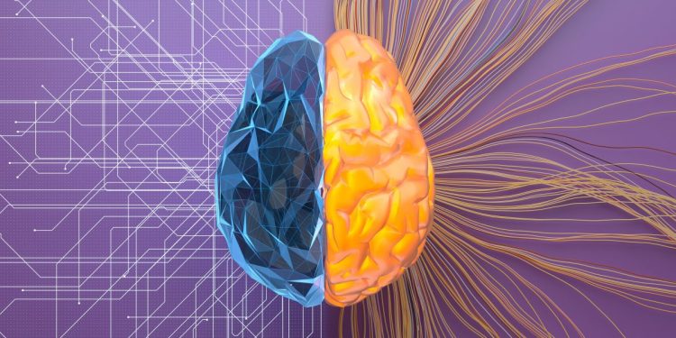 Digital generated image of split net/turbulence structure of artificial intelligence brain on purple surface.