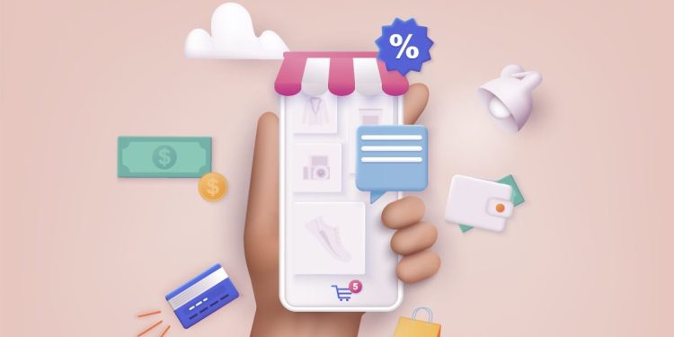 Image of a phone screen with series of images such as a credit card, dollar bill, percentage sign, and shopping bag around its border.