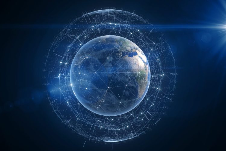Digital generated image of satellite connection around Earth on black background.