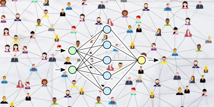 An image of different nodes in different colors interconnected with each other. The background is a series of different groups of people similarly interconnected.