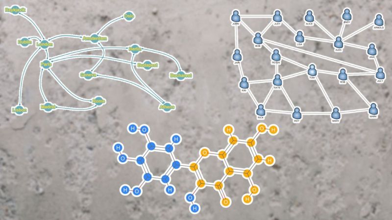 An image of three separate neural networks set against a grey background.