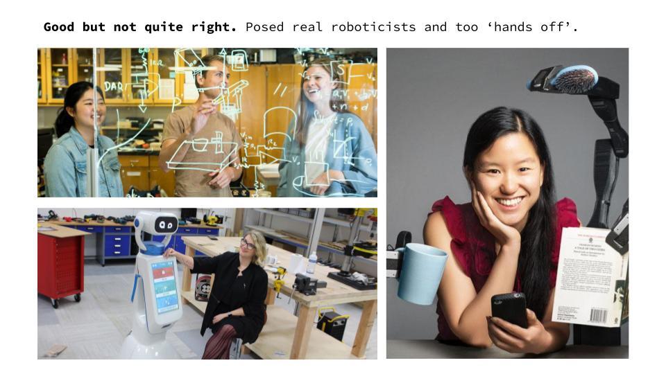 andrea keay's image search results that better represented females in robotics showing images of women brainstorming on a see-through whiteboard, and sitting near constructed robots 