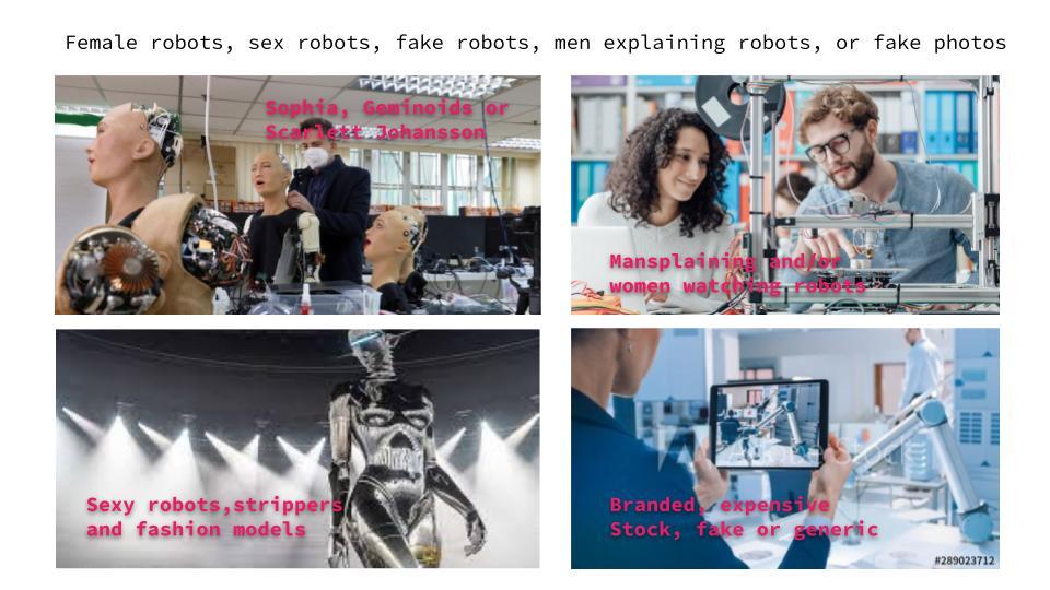 andra keay's example images women building robots showing female robots, sex robots, fake robots, and men explaining robots to others