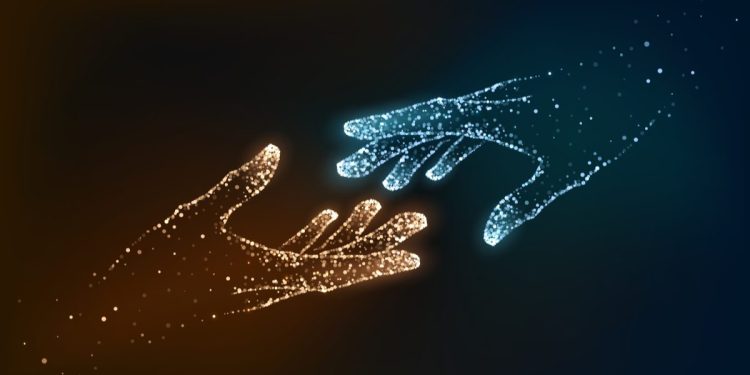 An image of two hands reaching towards each other. One hand is blue and the other hand is orange. Both are made of vectors.