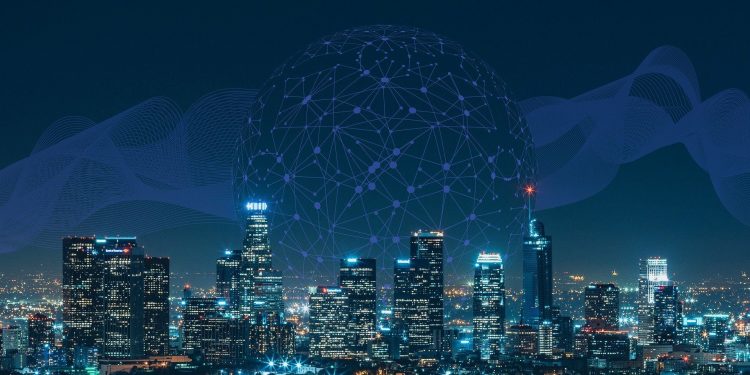 City in the foreground with a network globe and line waves in the background. Represents city networking, data usage in a city, or digital communication.