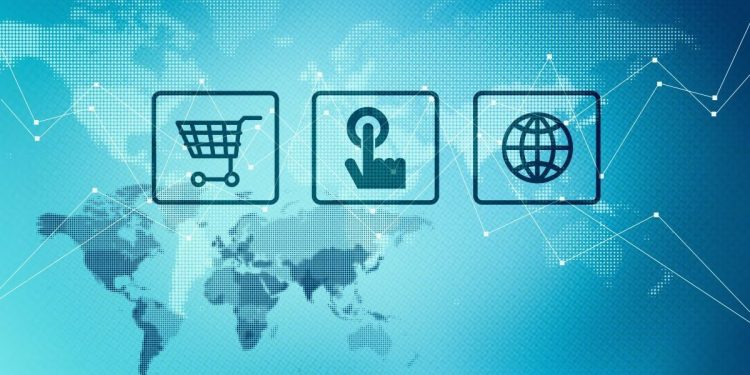 Graphic global ecommerce illustration in blue