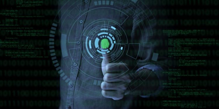 Businessman fingerprint scan provides security access with biometrics identification and password control through fingerprints in an advanced technological future and cybernetic