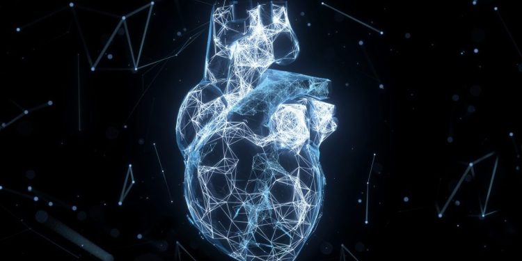 Digital AI generated image of heart made out of glowing plexus connections on black background. Medical data prototype image.