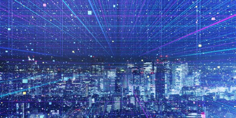 Image of lines data connected across a cityscape at night