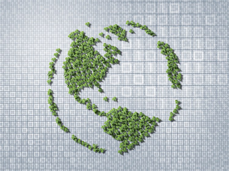 Globe made from a collage of ivy on binary code back ground.
