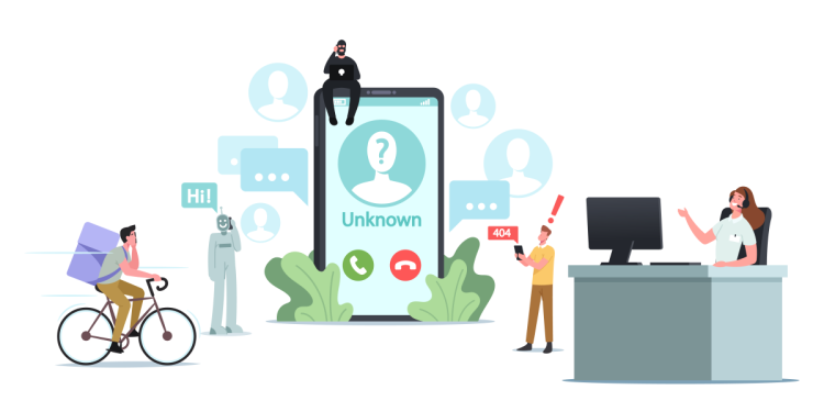 Image of phone spam notification on phone screen, chatbots calling a cell phone, and another annoying reminders of phone spam.