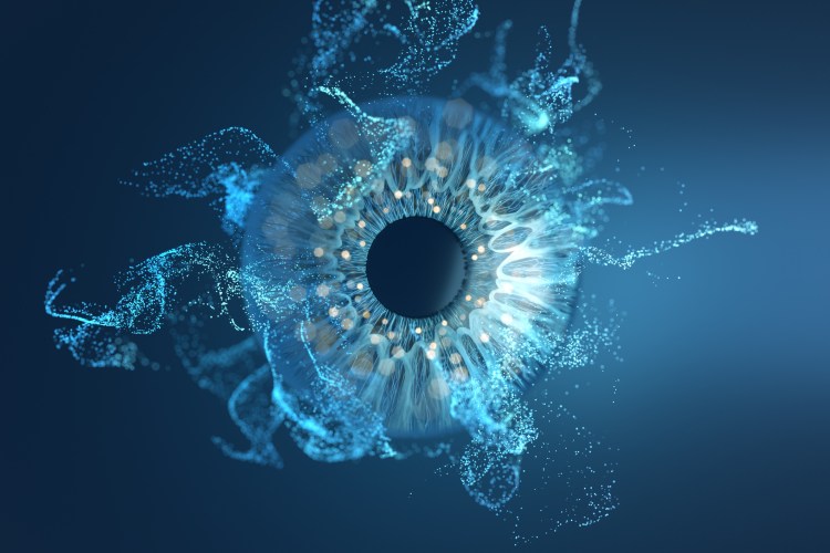 Eye biometrics and particle on a dark blue background.