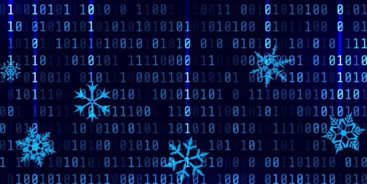 Vector matrix style binary background with falling snowflakes