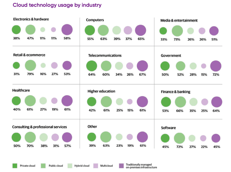 Graphic showing the across-the-board increase in cloud adoption usage by industry. The findings are also discussed in the text itself.