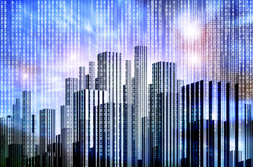 Abstract city and binary code background