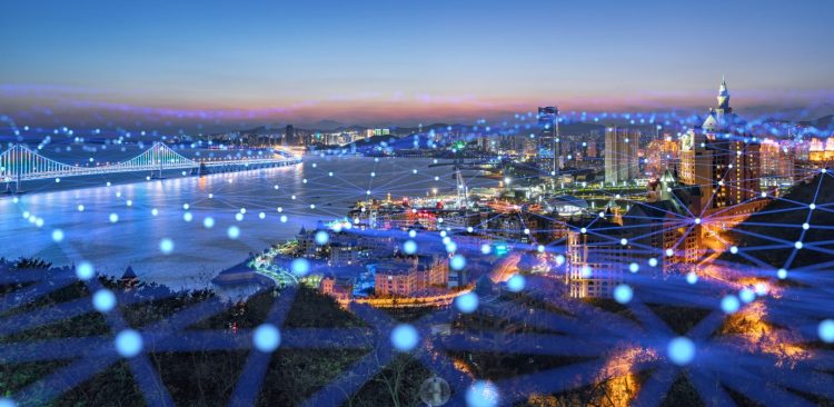 Image of 5G network spread across a cityscape.
