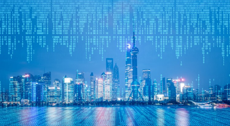 cityscape with binary code