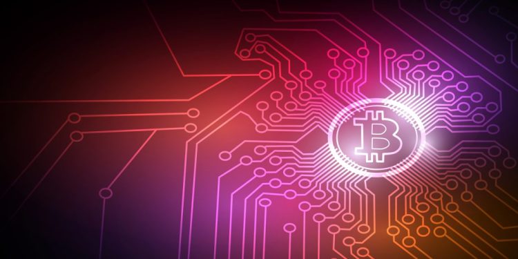 Bitcoin with colorful lines in the style of a circuit