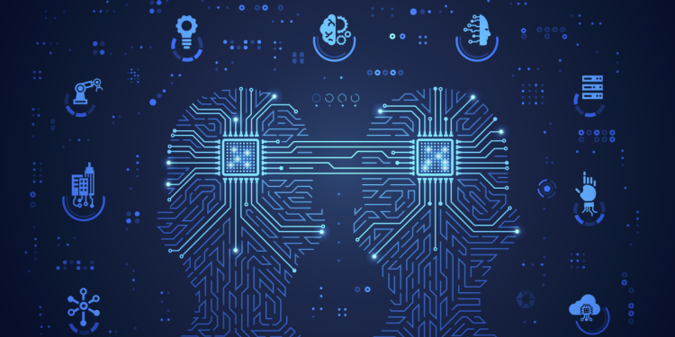 Image of identical digital heads connected by a neural network. Digital twin concept.