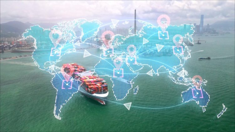 Image of global map implying a supply chain network with images of freighters in the background.