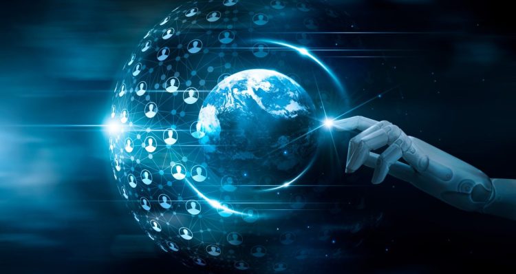 Hand of robot touching global network connection on customers; representing AI