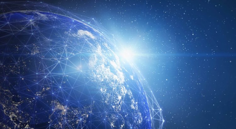 Planet earth in outer space with network connection and sunlight.  (City Lights 2012 - Flat map - https://images.nasa.gov/details-GSFC_20171208_Archive_e001589 - Softwar:3dsMax, Adobe After Effects, and Photoshop)
