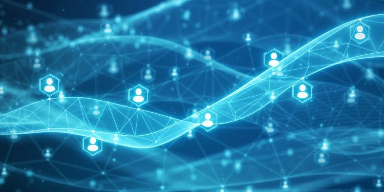 People communication with network flowing on dark blue background.