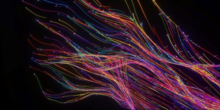 Digital generated image of abstract flowing data made out of numbers and glowing turbulent multi coloured splines on black background.