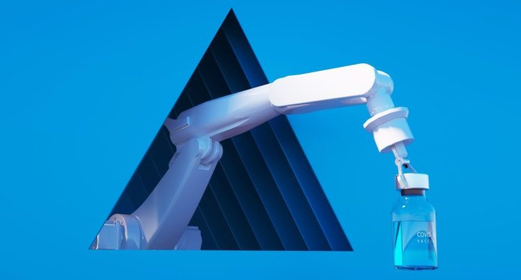 Digital generated image of robotic hand holding bottle with COVID-19 cell inside triangular multilayered shape. Delta plus Covid 19 variant concept.