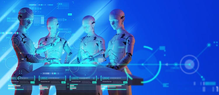 AI or robot teamwork working in futuristic factory
