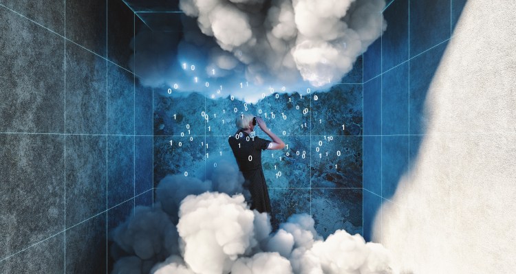 Futuristic dystopian virtual happiness for all with woman using VR headset, 3D generated image.