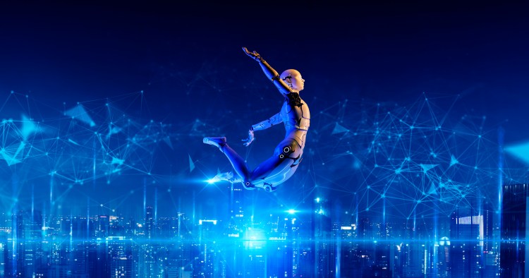 Jumping 3D humanoid robot metaverse smart city digital world background